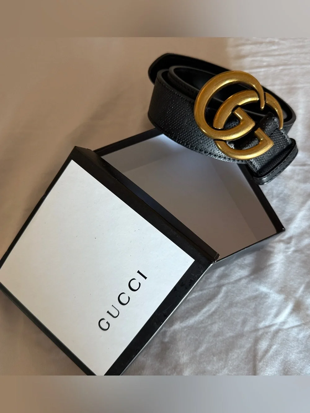Black Leather Belt with Gold Double-G Buckle 130 cm 50” Across New w/ Box
